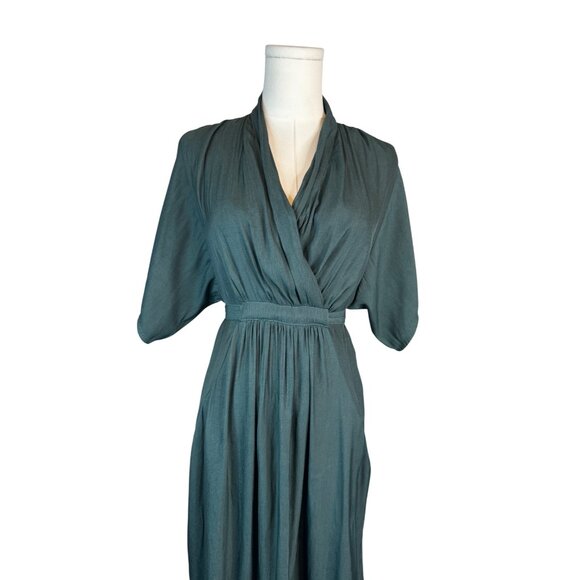 ZARA XS Green Midi Wrap Dress Tie Waist Puff Sleeves Polyester Fabric - Picture 4 of 15